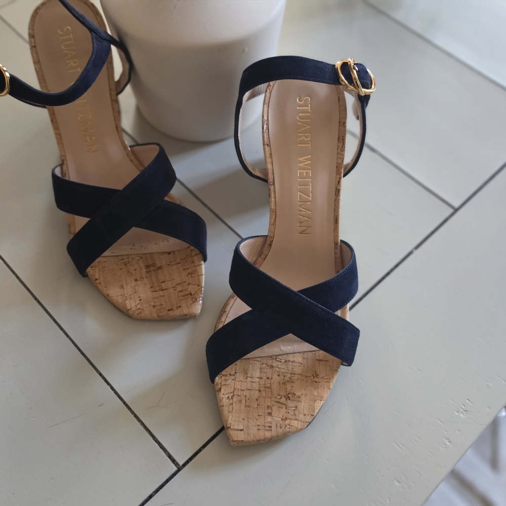 Stuart Weitzman Women's Navy Cork Strap Sandals 9